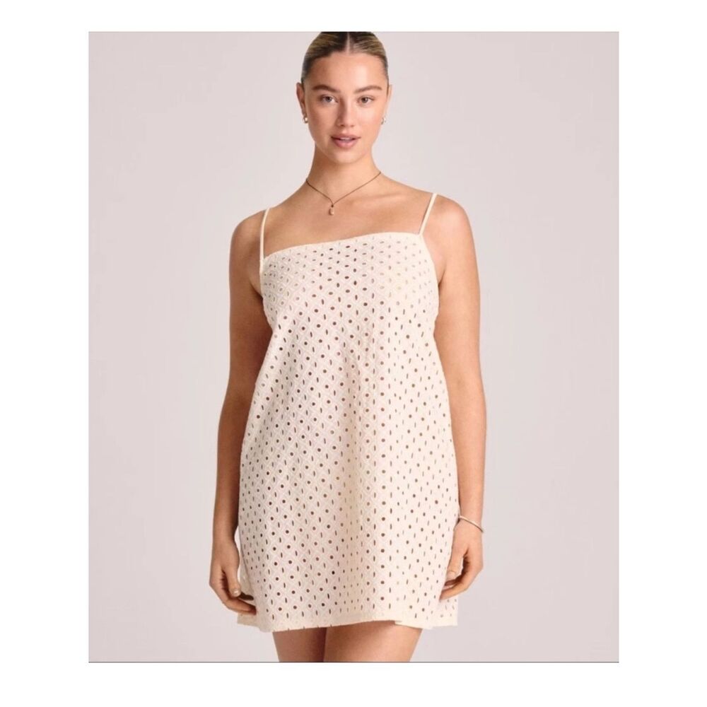 VITAMIN A EYELET MINI SWIM COVER UP DRESS size L Off White Cream